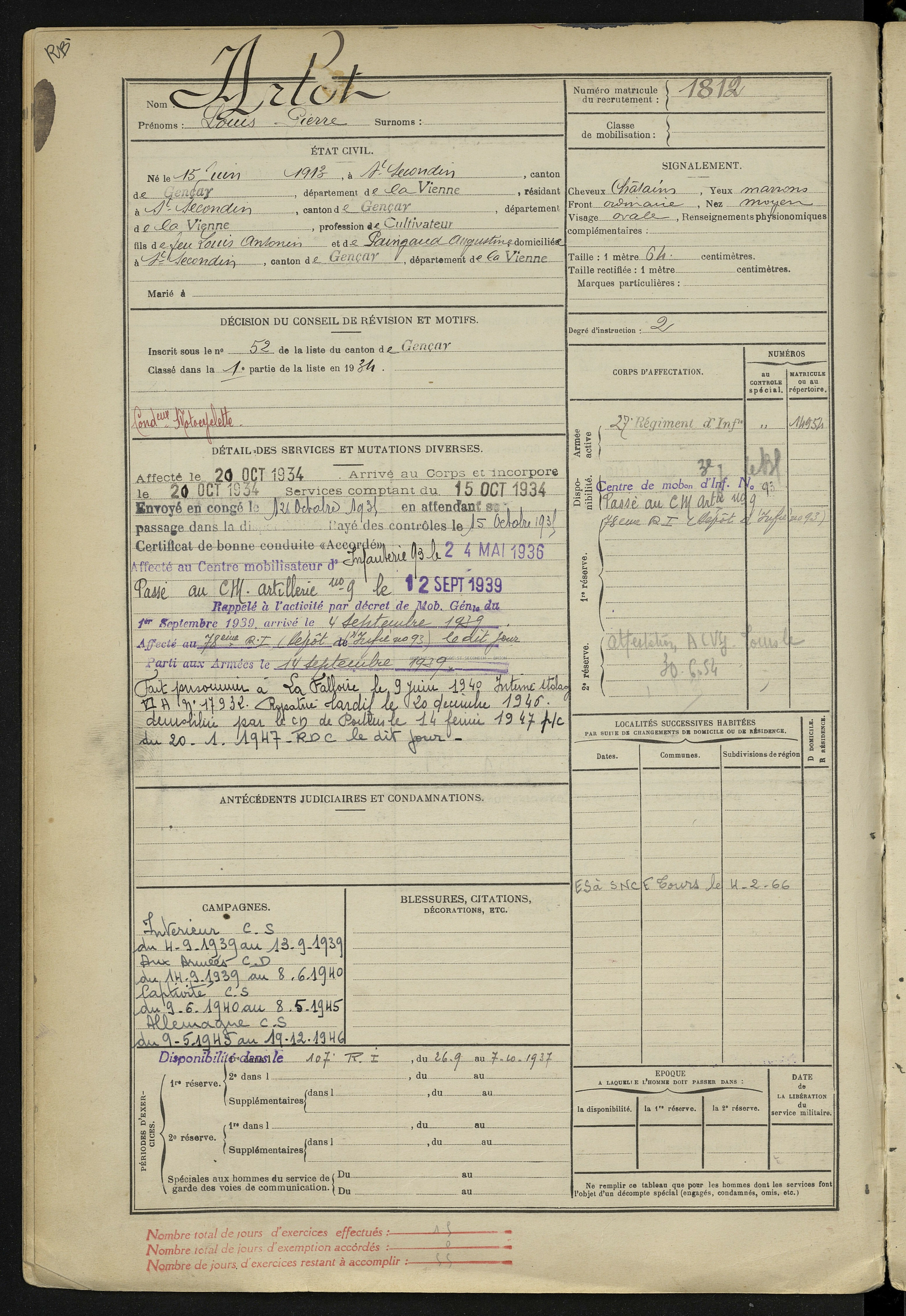 ARLOT Louis Pierre ww2 Prisonnier