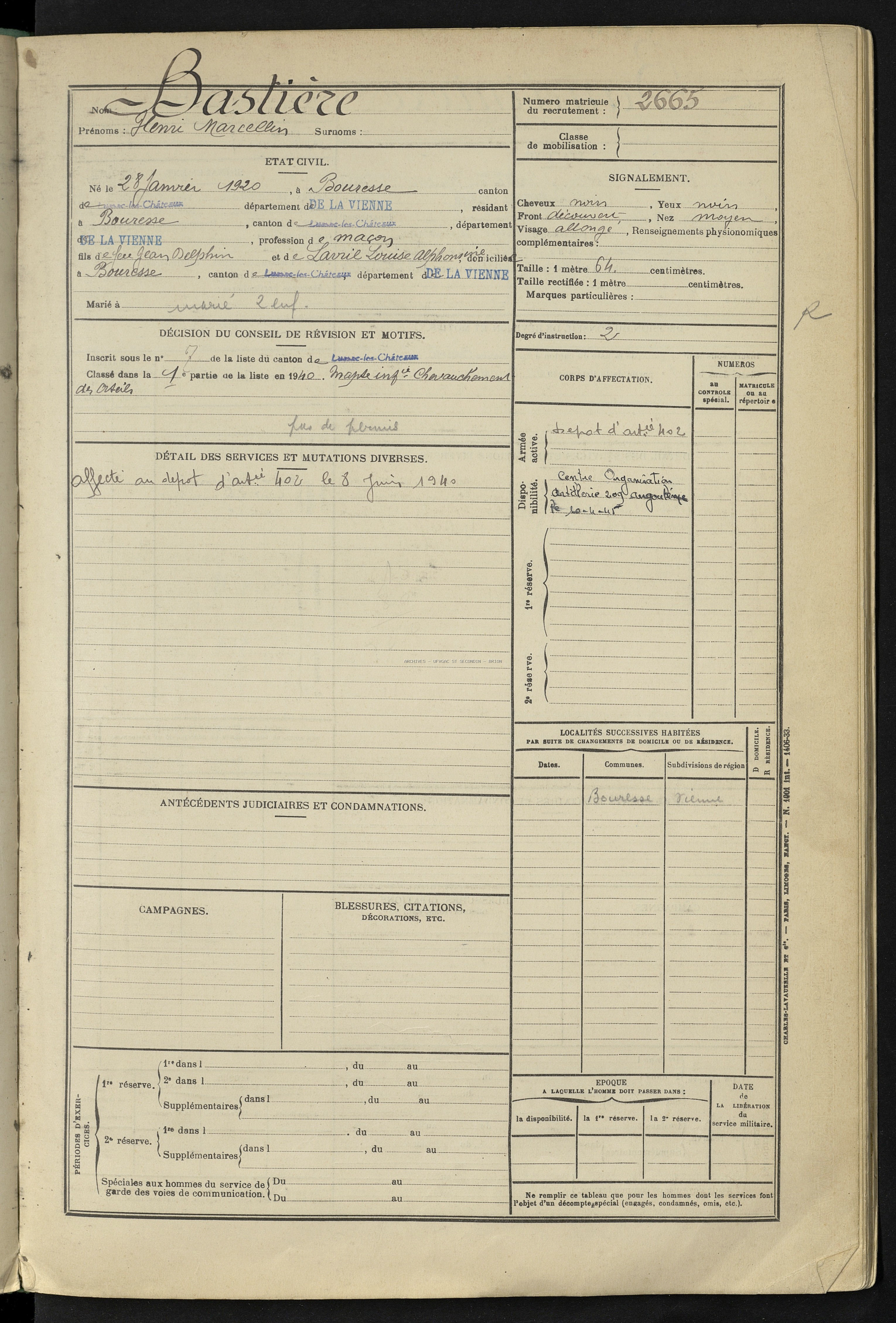 BASTIERE Henri Etat de Service Registre Maquis Anatole