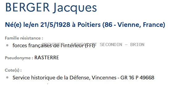 BERGER JACQUES alias RASTERRE Registre Maquis Anatole
