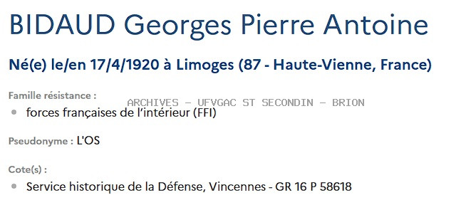 BIDAUD GEORGES PIERRE alias L OS Registre Maquis Anatole