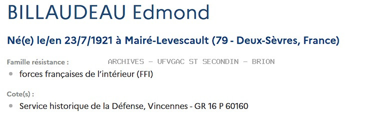 BILLAUDEAU EDMOND Registre Maquis Anatole