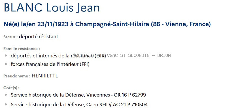 BLANC LOUIS JEAN alias HENRIETTE Registre Maquis Anatole