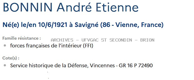 BONNIN ANDRE ETIENNE Registre Maquis Anatole