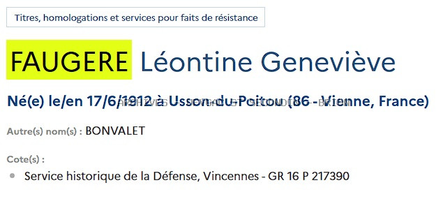 BONVALET née FAUGERE LEONTINE GENEVIEVE alias VIOLETTE Registre Maquis Anatole
