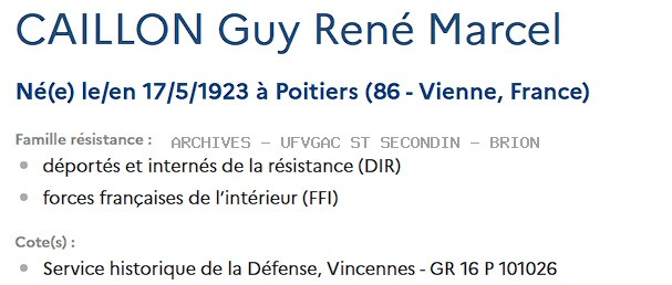 CAILLON GUY RENE MARCEL Registre Maquis Anatole