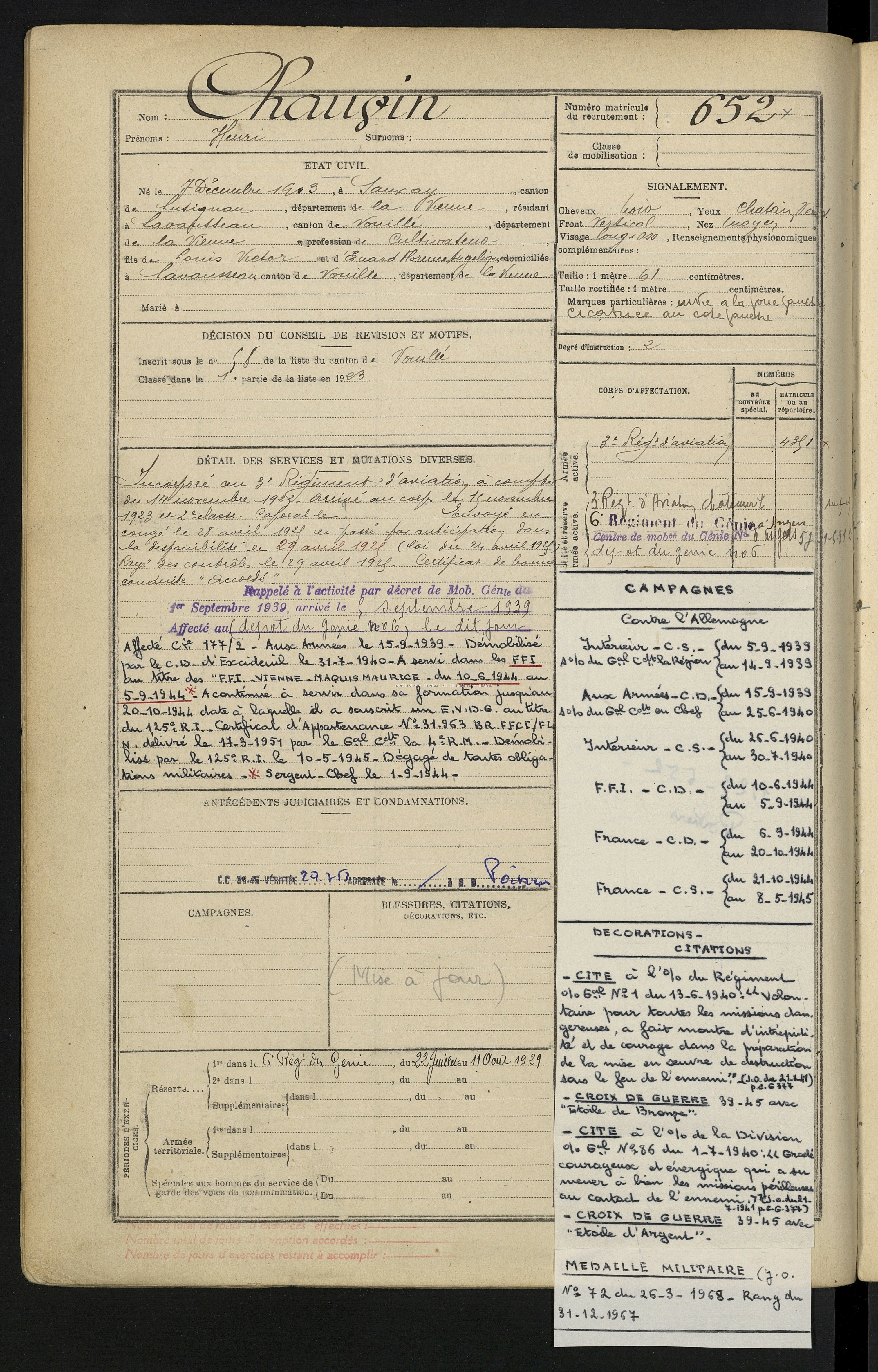 CHAUVIN HENRI Etat de Service Registre Maquis Anatole 01