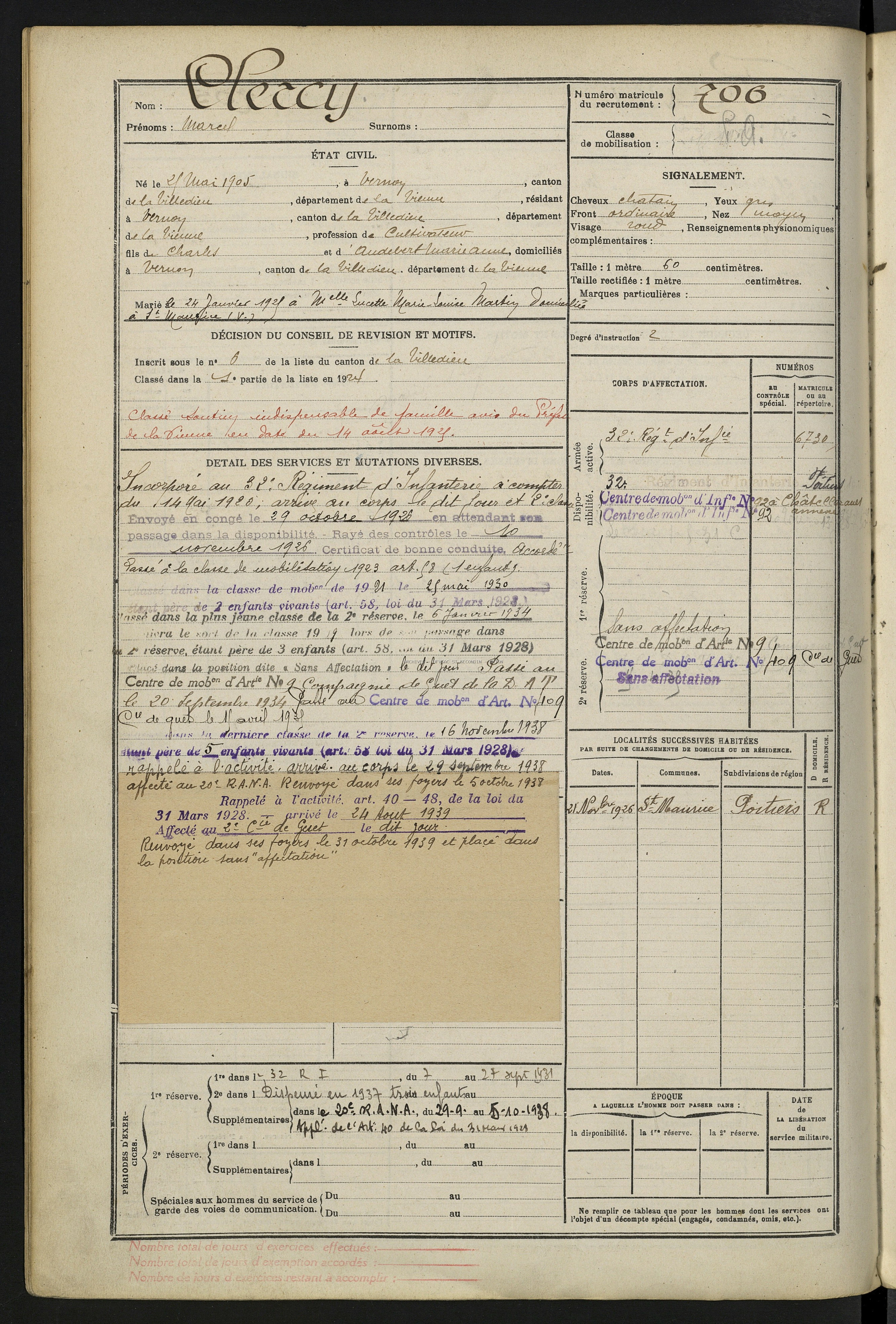CLERCY MARCEL Etat de Service Registre Maquis Anatole