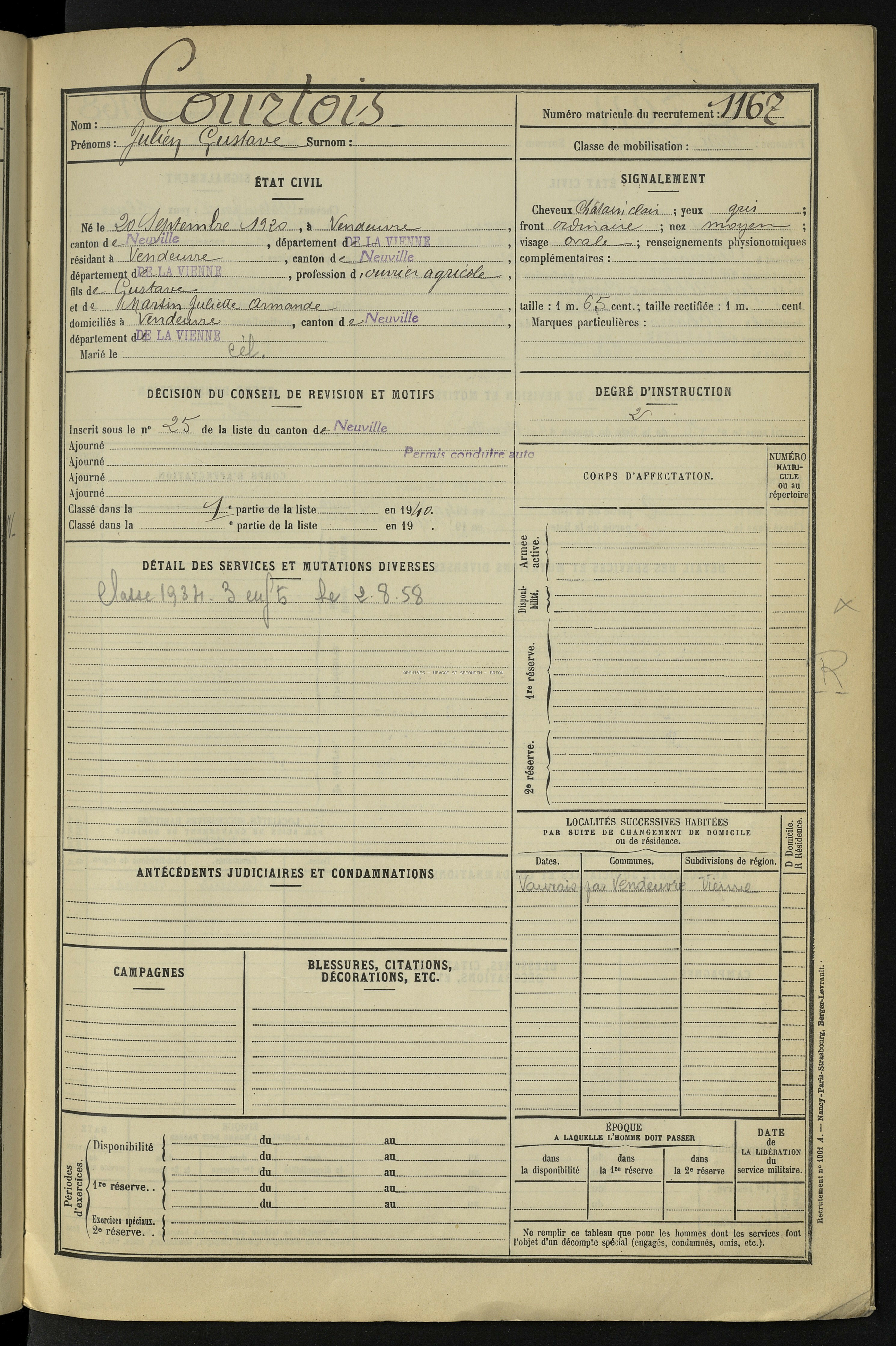 COURTOIS JULIEN GUSTAVE Etat de Service Registre Maquis Anatole