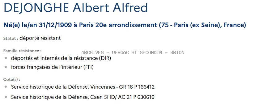 DEJONGHE ALBERT ALFRED Registre Maquis Anatole