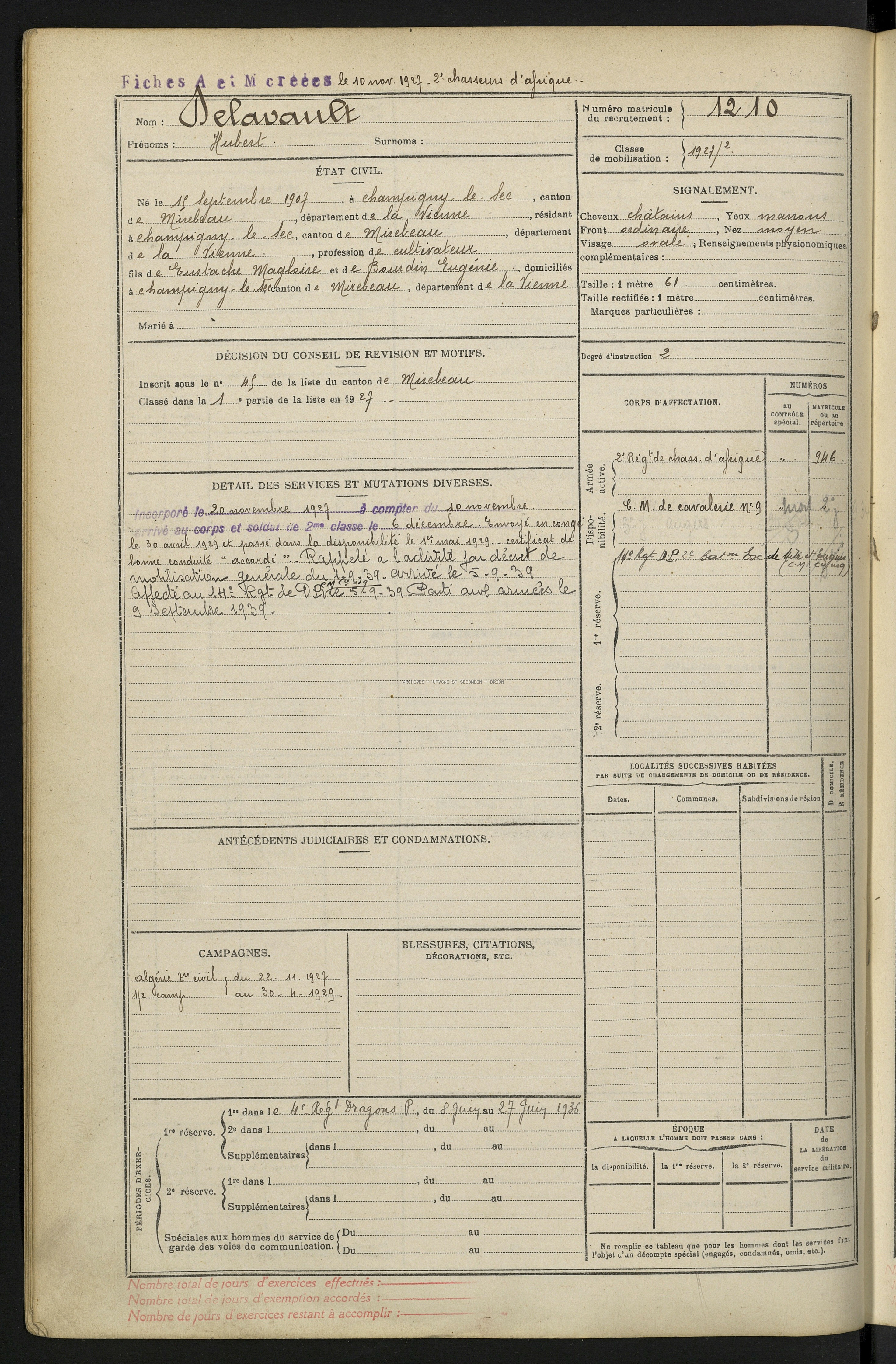 DELAVAULT HUBERT Etat de Service Registre Maquis Anatole