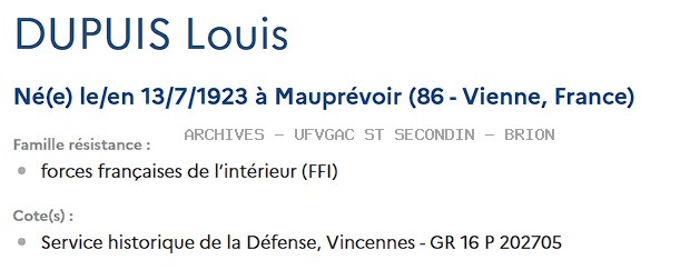 DUPUIS LOUIS HOMONYME Registre Maquis Anatole