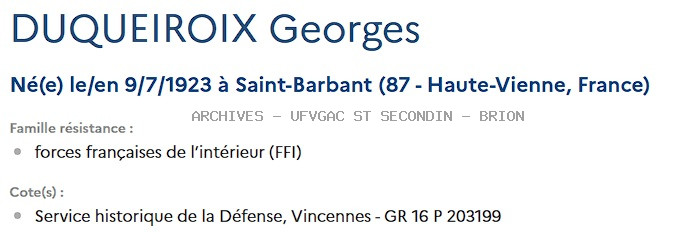 DUQUEIROIX GEORGES Registre Maquis Anatole