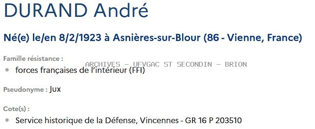 DURAND ANDRE Registre Maquis Anatole