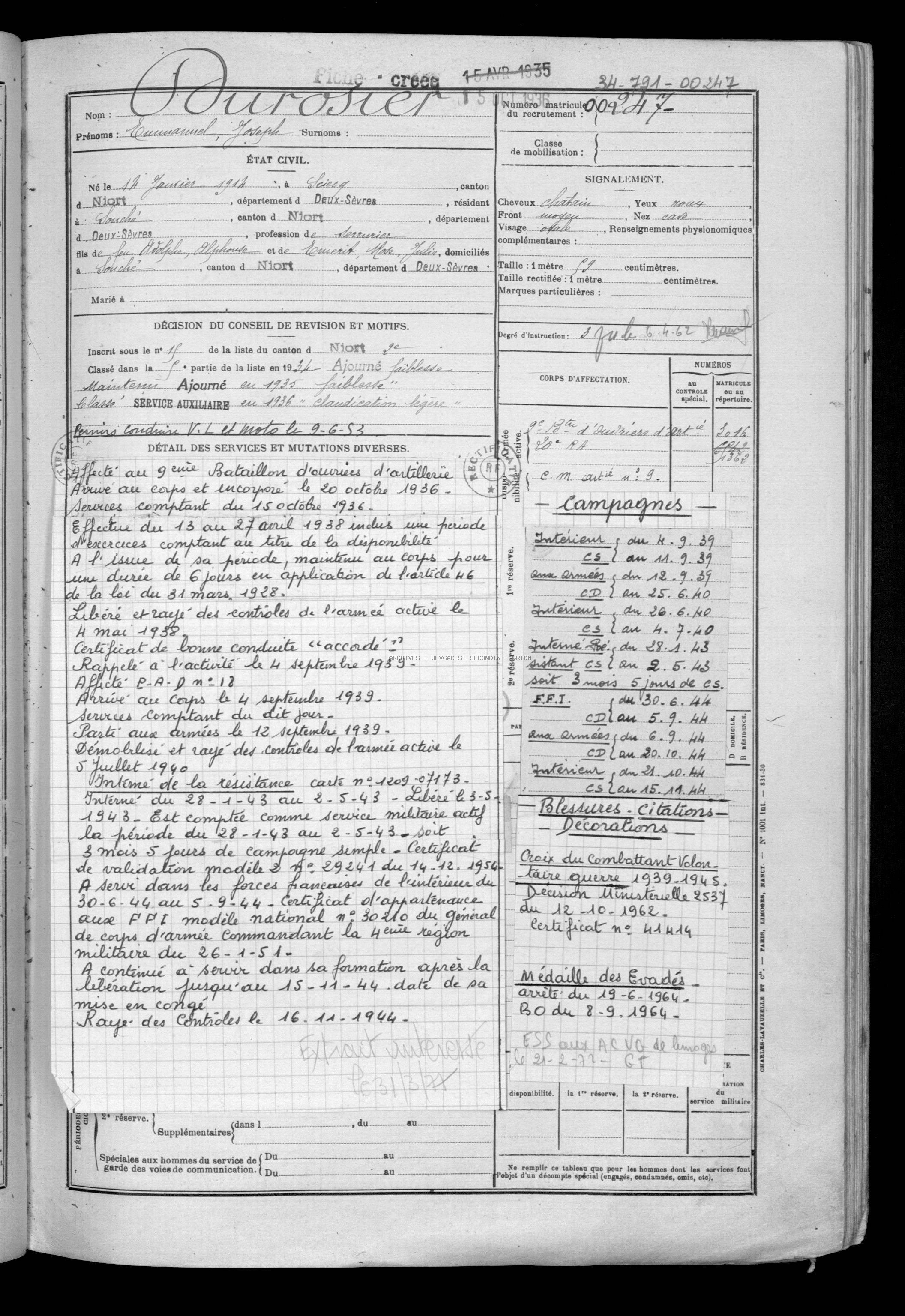 DUROSIER Emmanuel Joseph Etat de Service 01 Registre Maquis Anatole