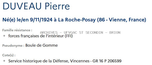 DUVEAU PIERRE Registre Maquis Anatole
