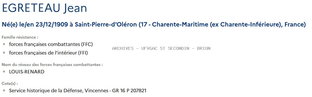 EGRETEAU JEAN Registre Maquis Anatole