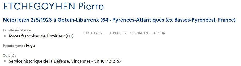 ETCHEGOYHEN Pierre Registre Maquis Anatole