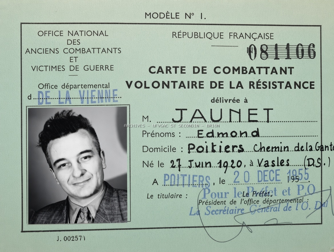 Edmond JAUNET insituteur SAINT SECONDIN carte du Combattant ww2