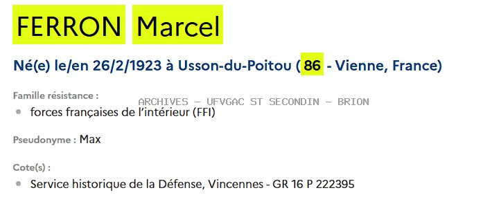 FERRON Marcel alias MAX Registre Maquis Anatole