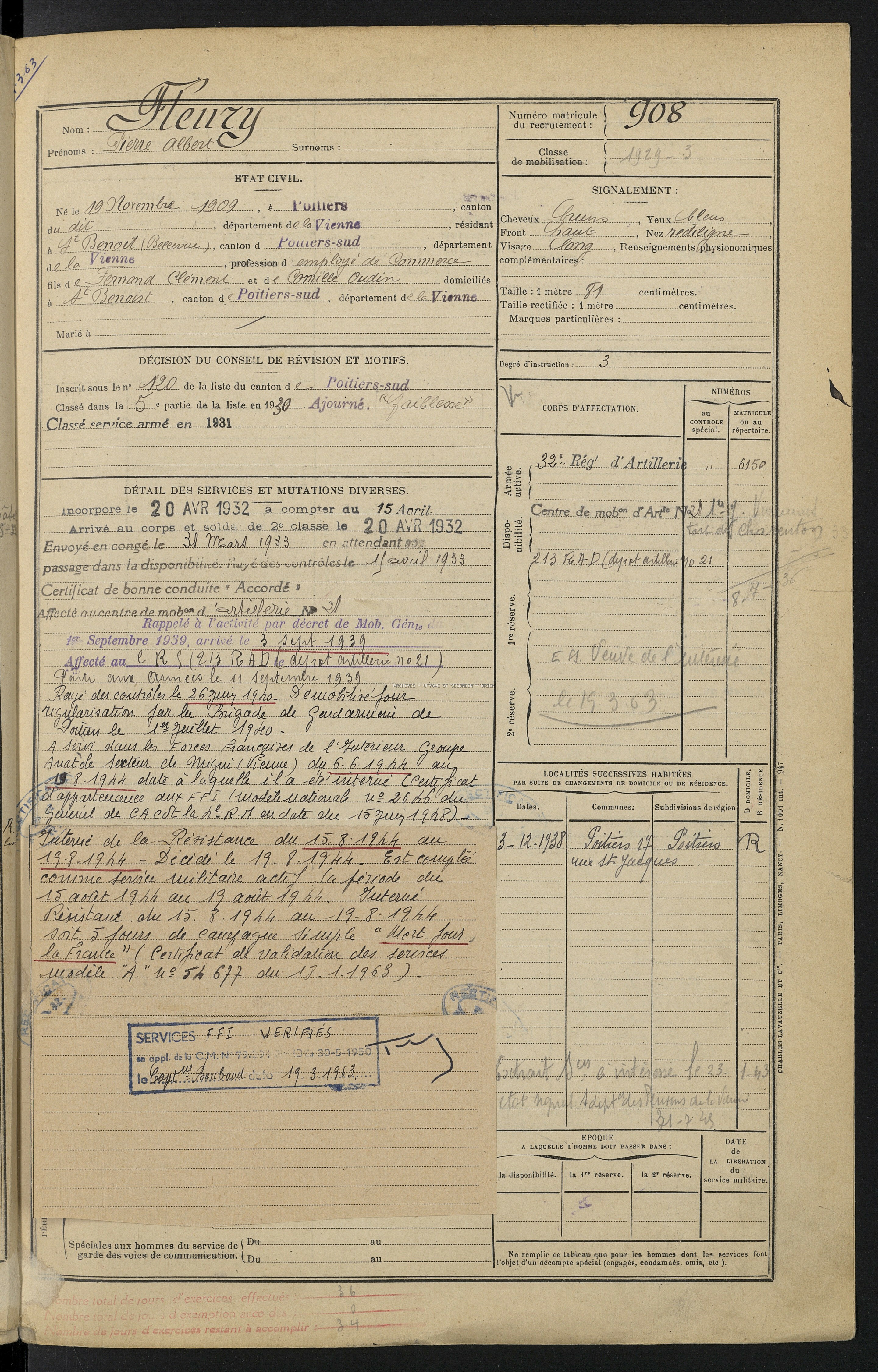 FLEURY PIERRE Albert Alias François Etat de Service 01 Registre Maquis Anatole