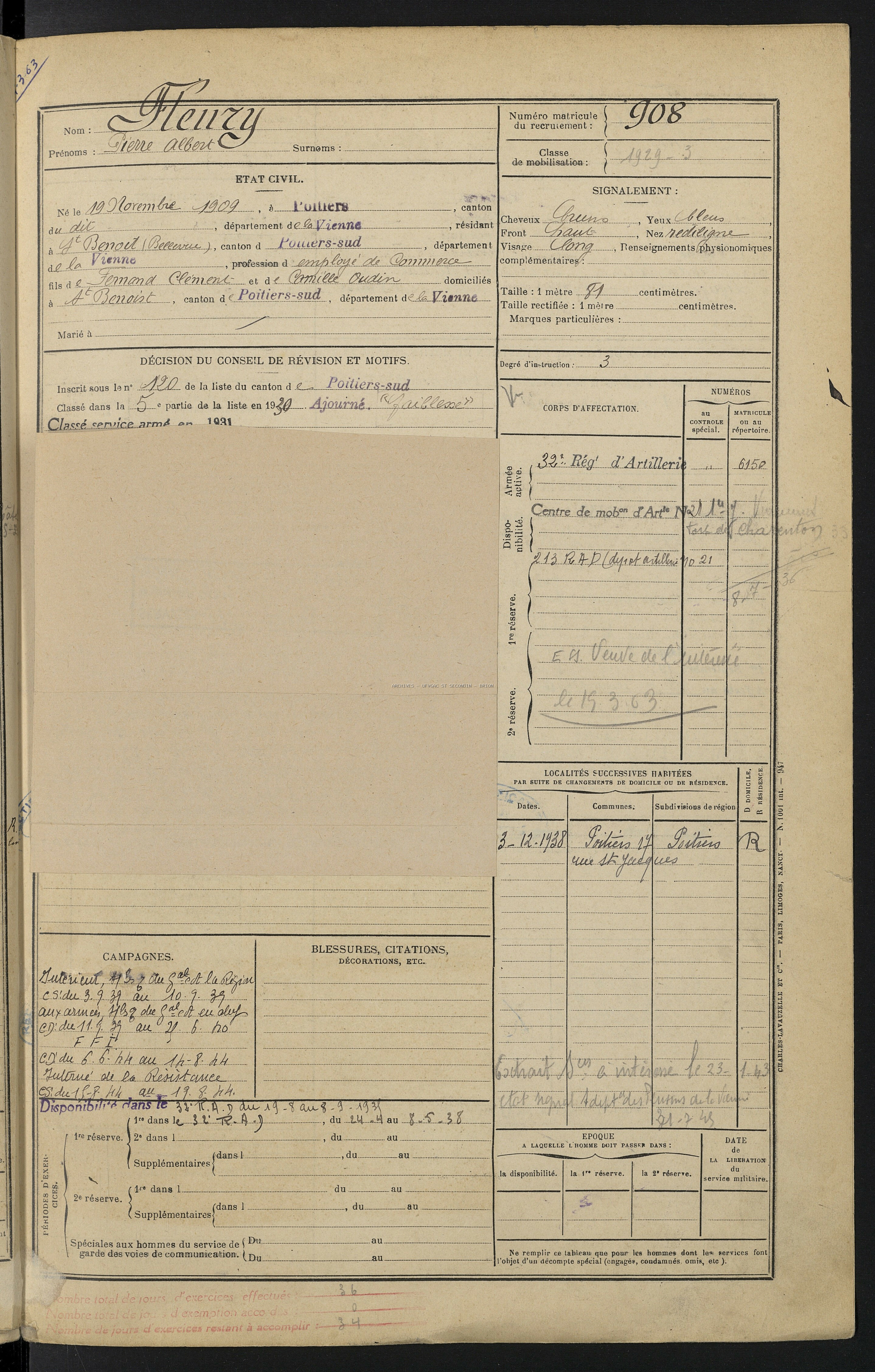 FLEURY PIERRE Albert Alias François Etat de Service 02 Registre Maquis Anatole