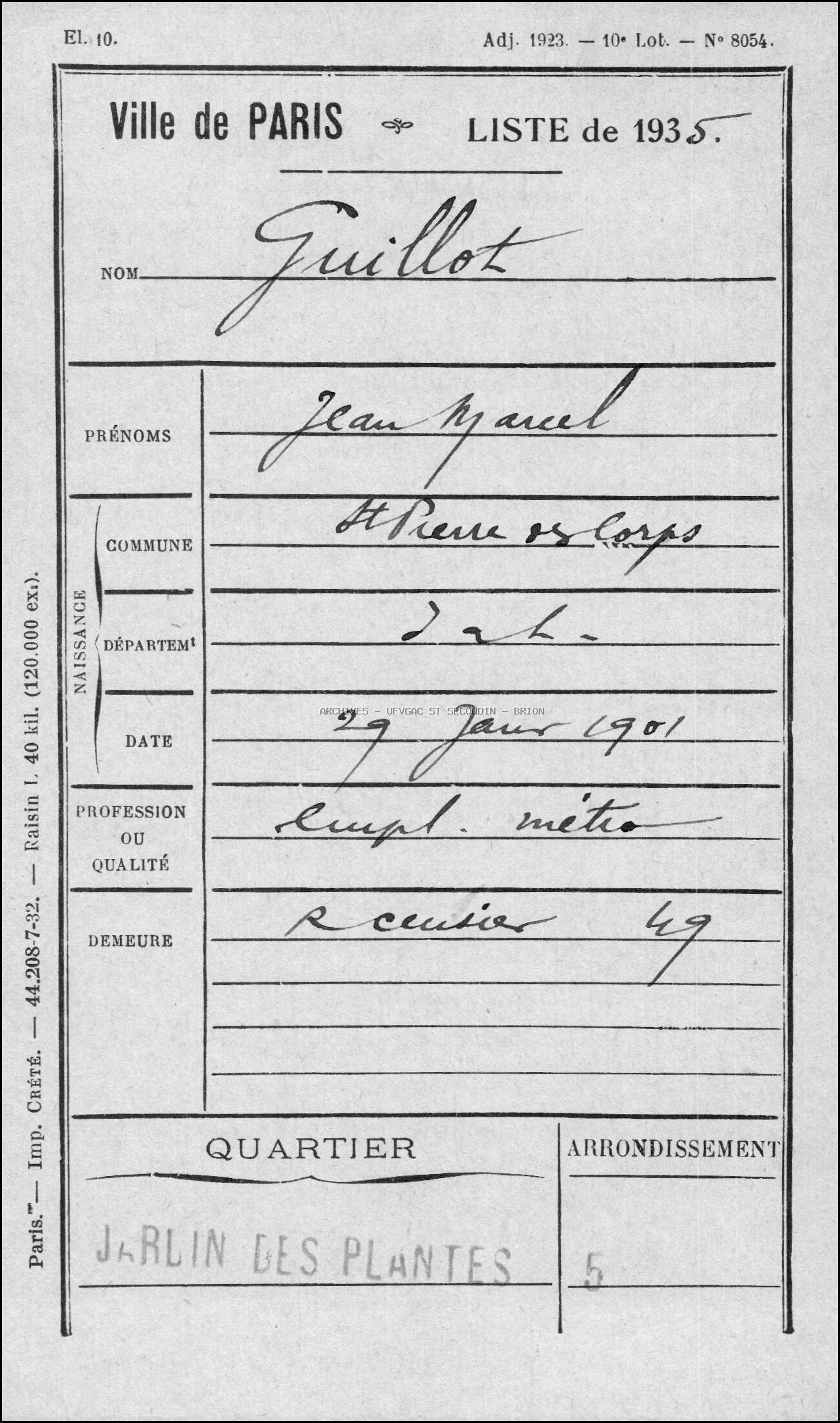 GUILLOT JEAN MARCEL Registre maquis Anatole
