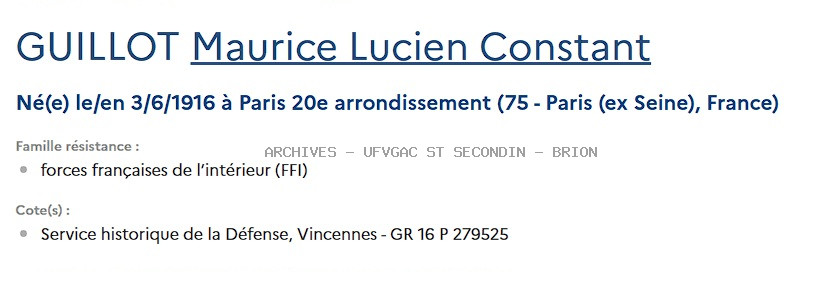 GUILLOT Maurice Lucien Constant Registre Maquis Anatole