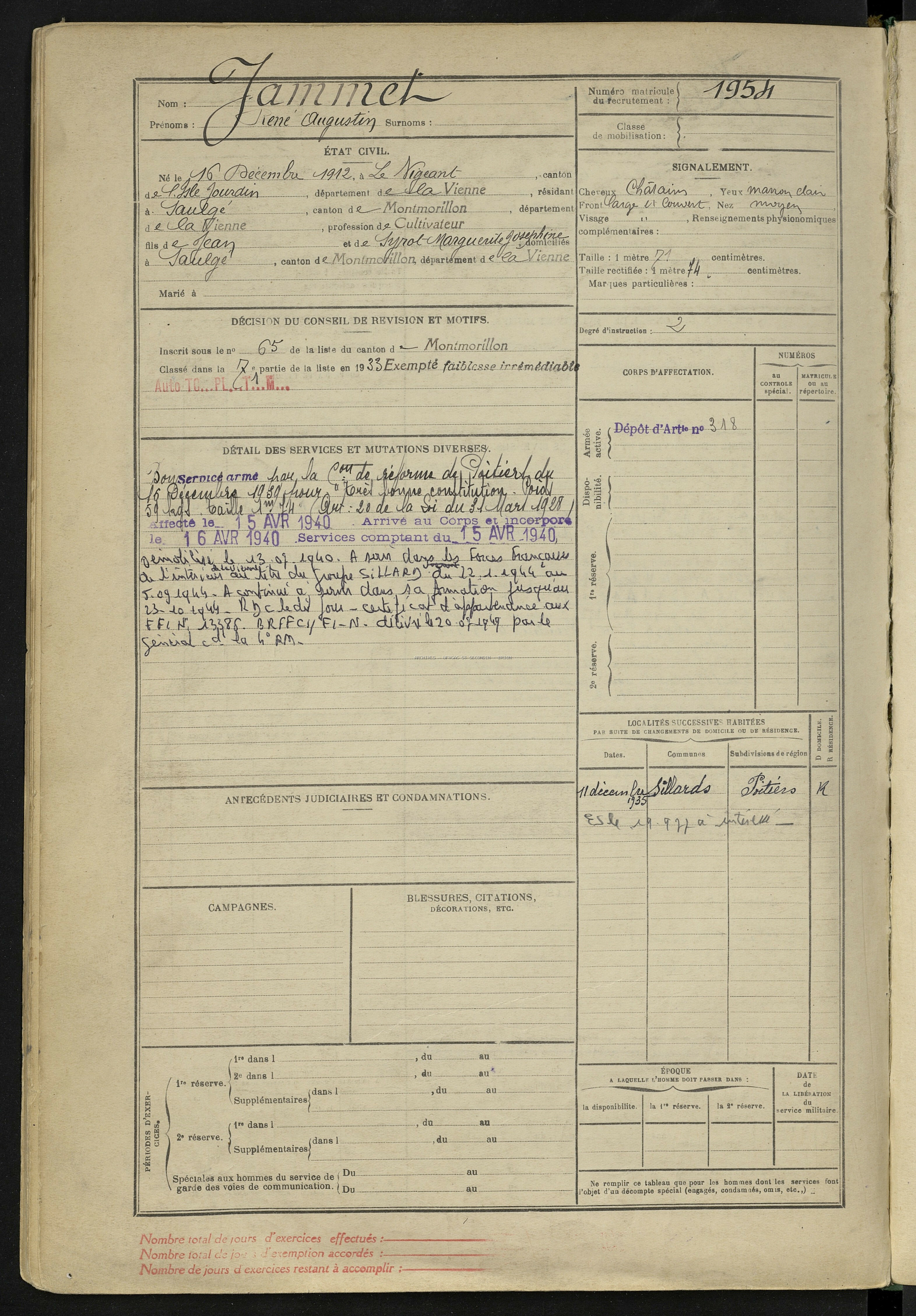 JAMMET RENE AUGUSTIN Etat de Service Registre Maquis ANATOLE