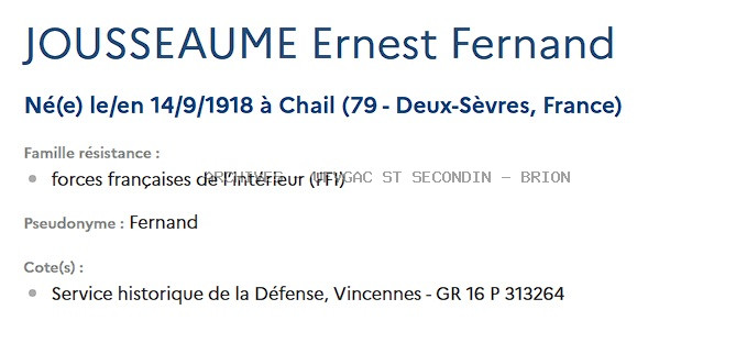 JOUSSEAUME ERNEST FERNAND Registre du Maquis ANATOLE