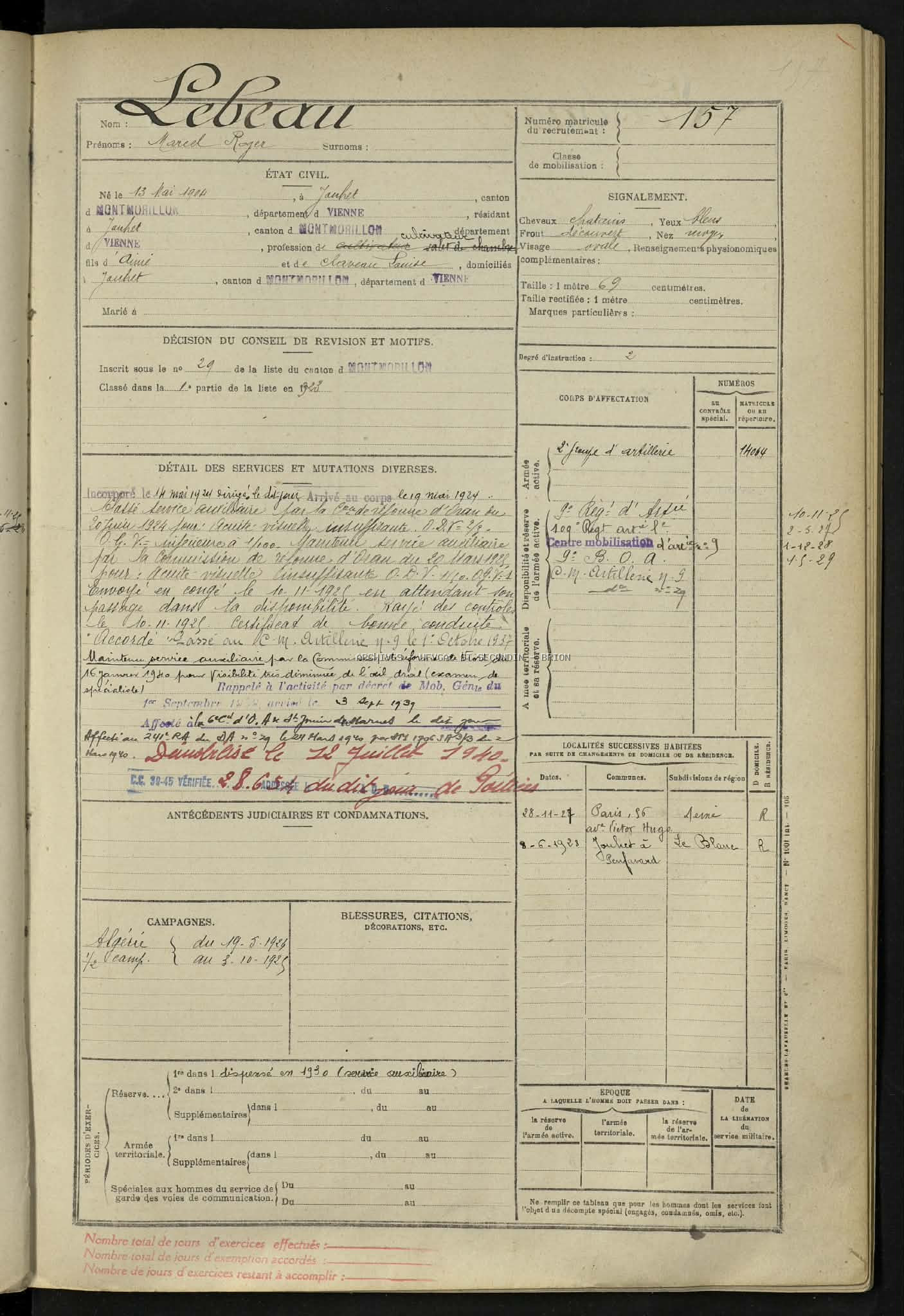 LEBEAU Marcel Rogers Registre Maquis Anatole Etat de service