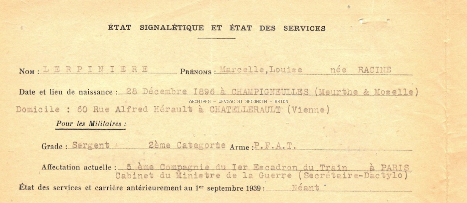LERPINIERE Marcelle Groupe ANATOLE Etat de service Registre ANATOLE