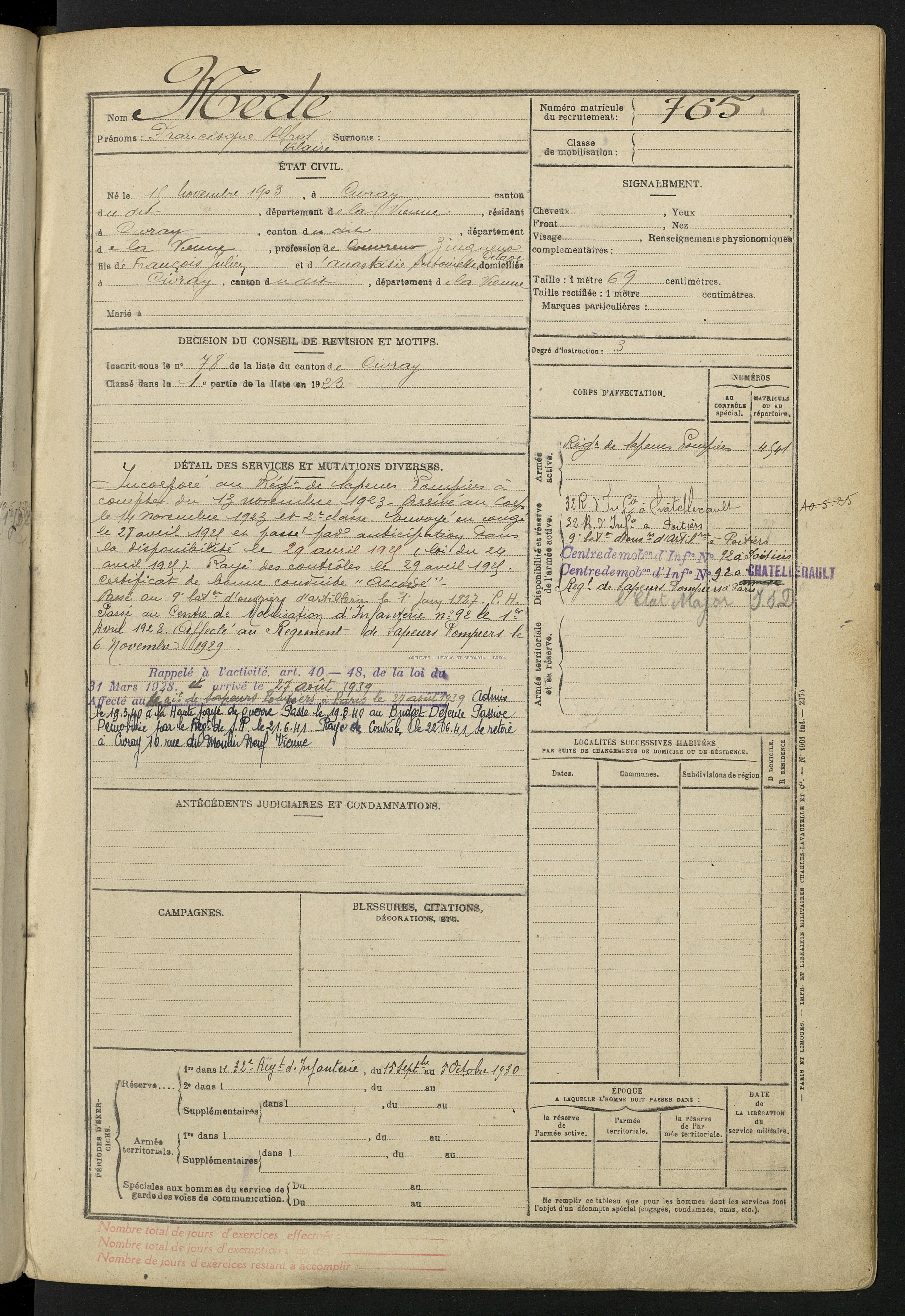 MERLE Francisque Alfred Hilaire Etat de Service Registre Maquis ANATOLE