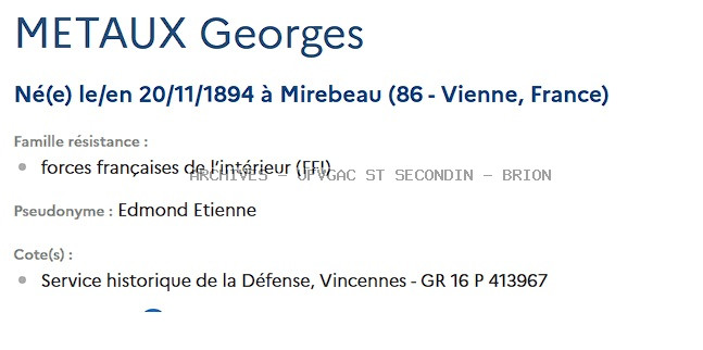METAUX GEORGES Registre maquis ANATOLE