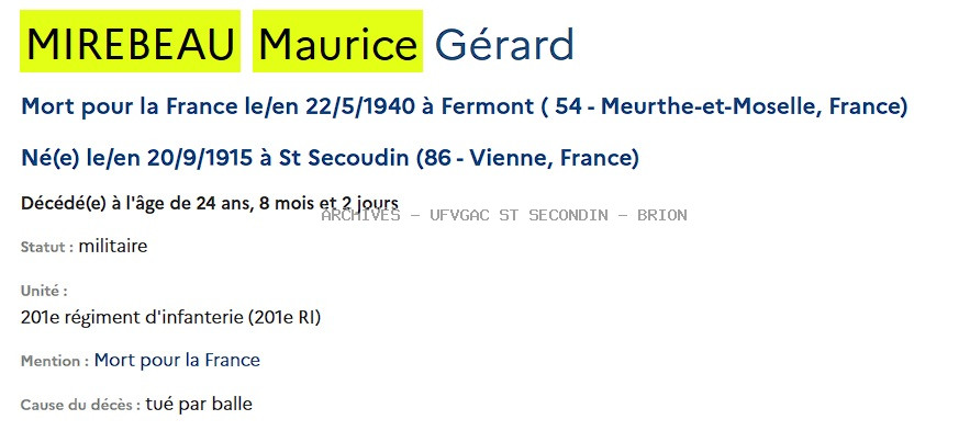 MIREBEAU MAURICE  Mort Pour La France