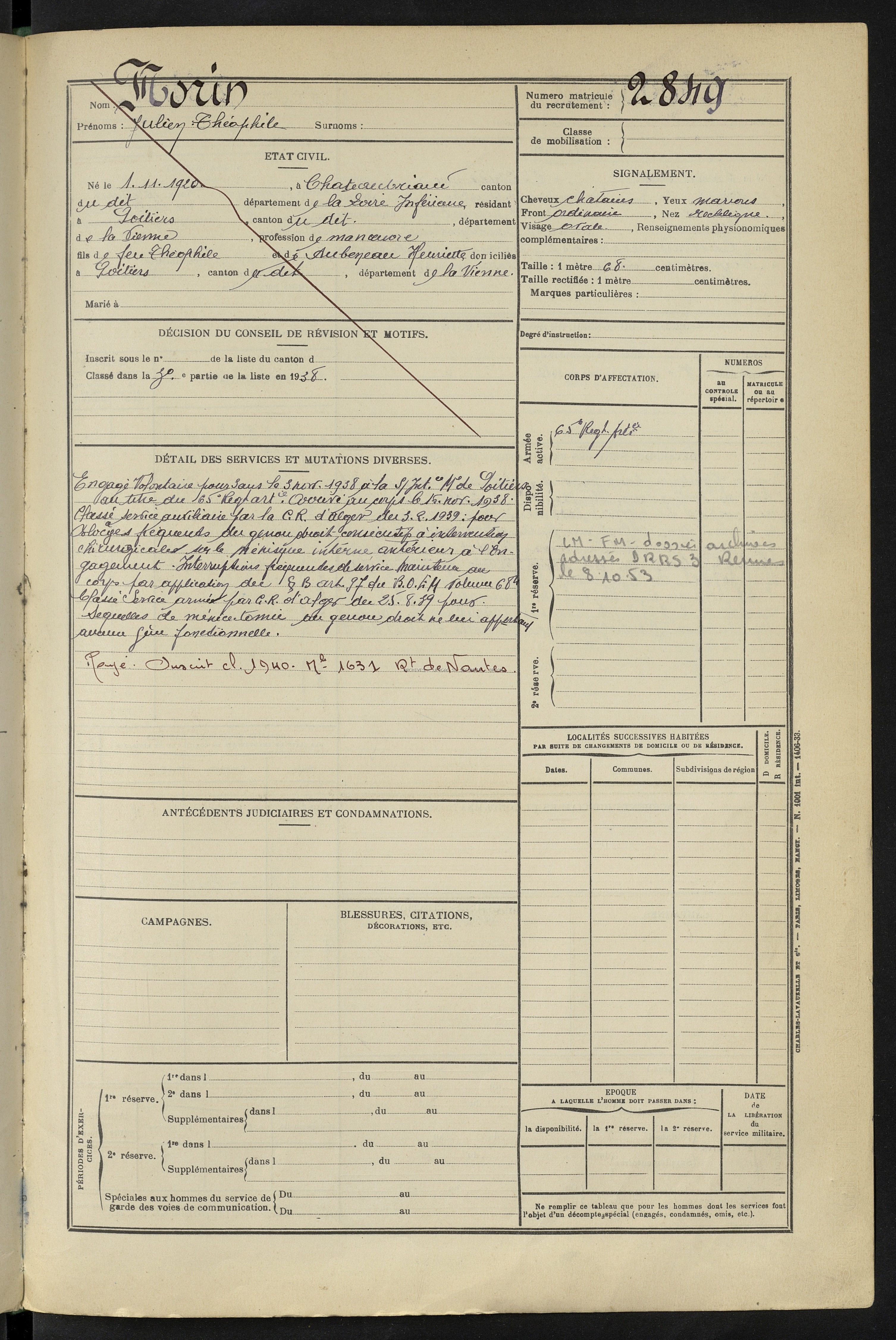 MORIN Julien Théophile Etat de Service Registre Maquis ANATOLE