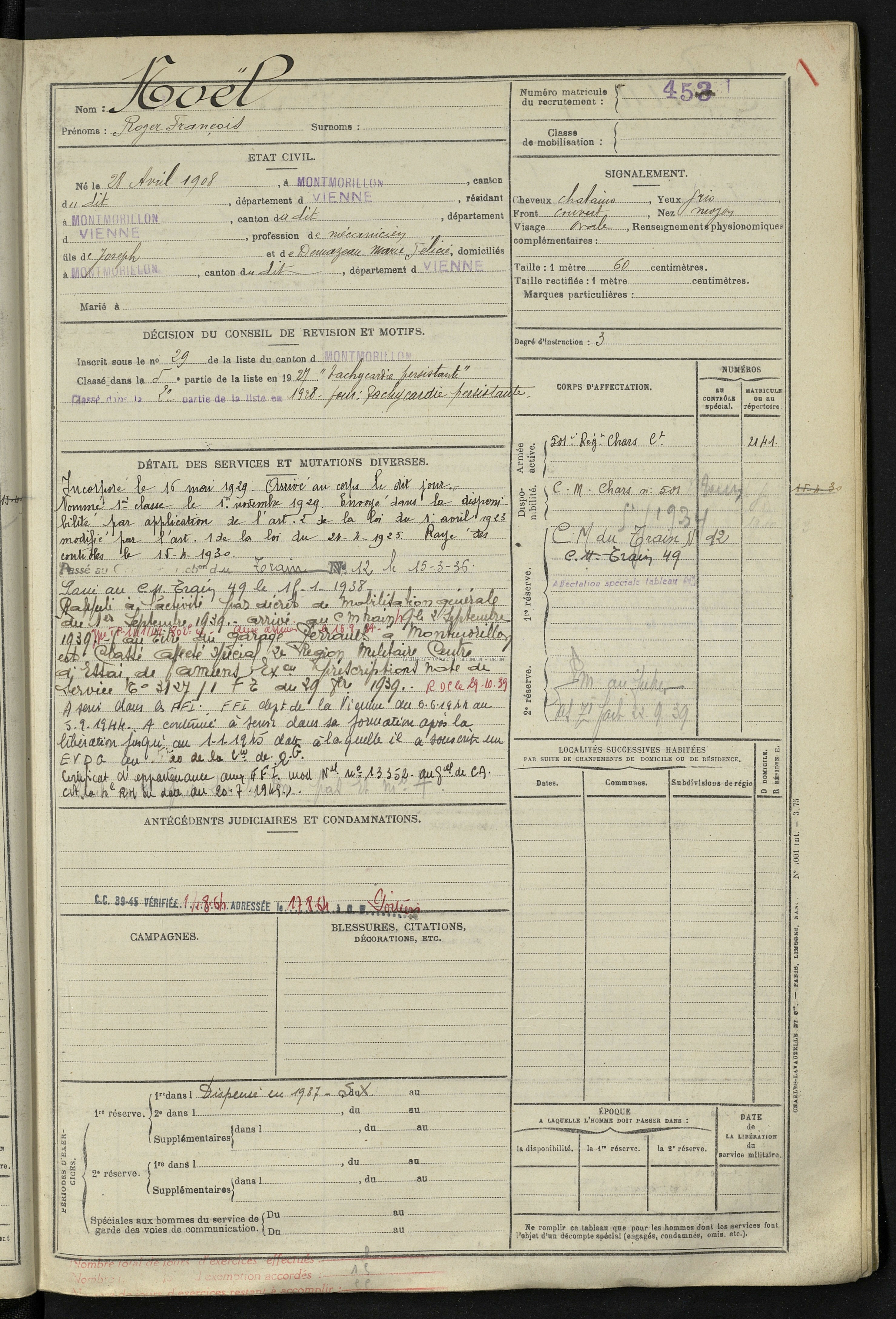 NOEL ROGER FRANCOIS Etat de Service Registre Maquis ANATOLE