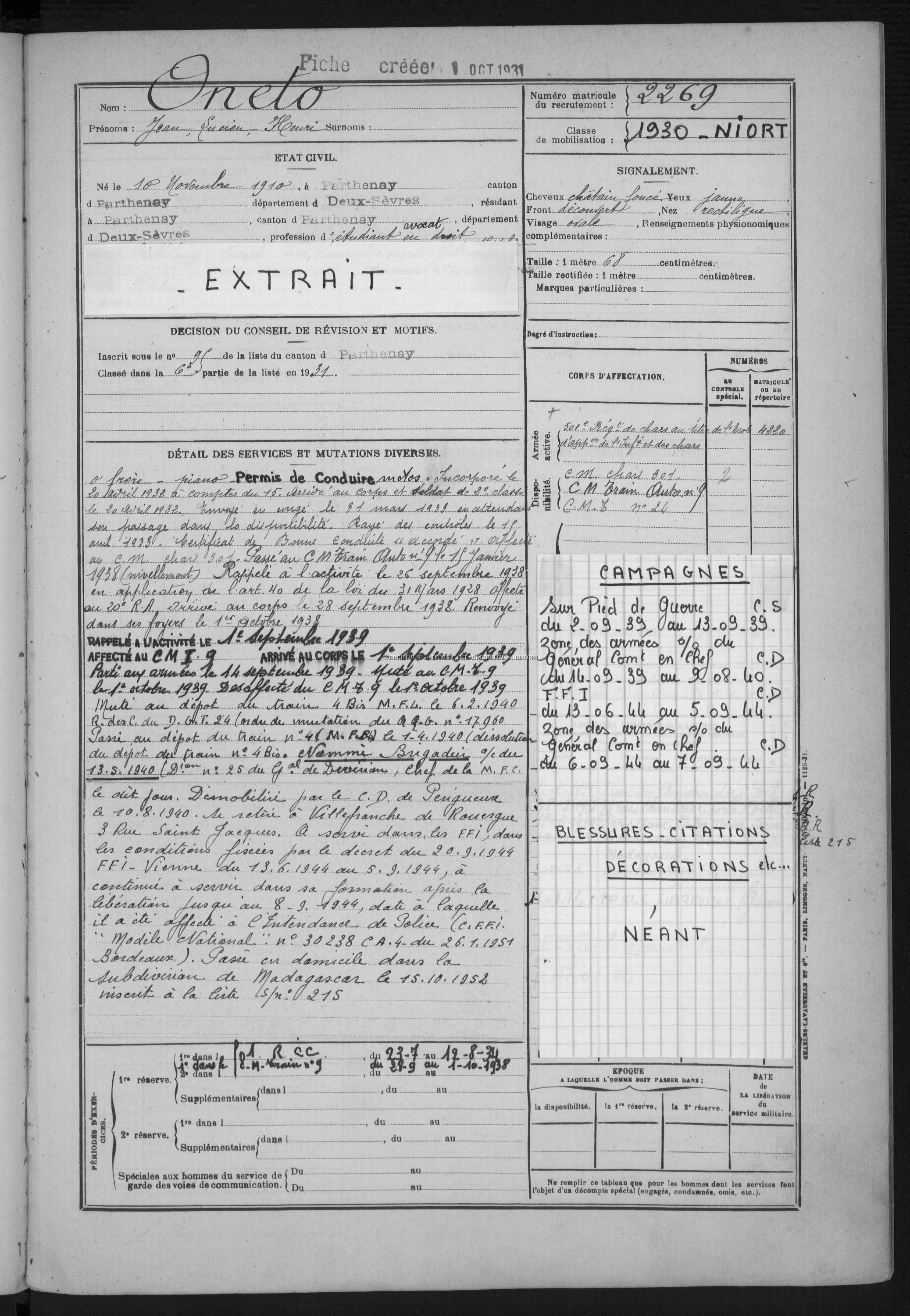 ONETO Jean Henri Lucien Etat de service Registre Maquis ANATOLE