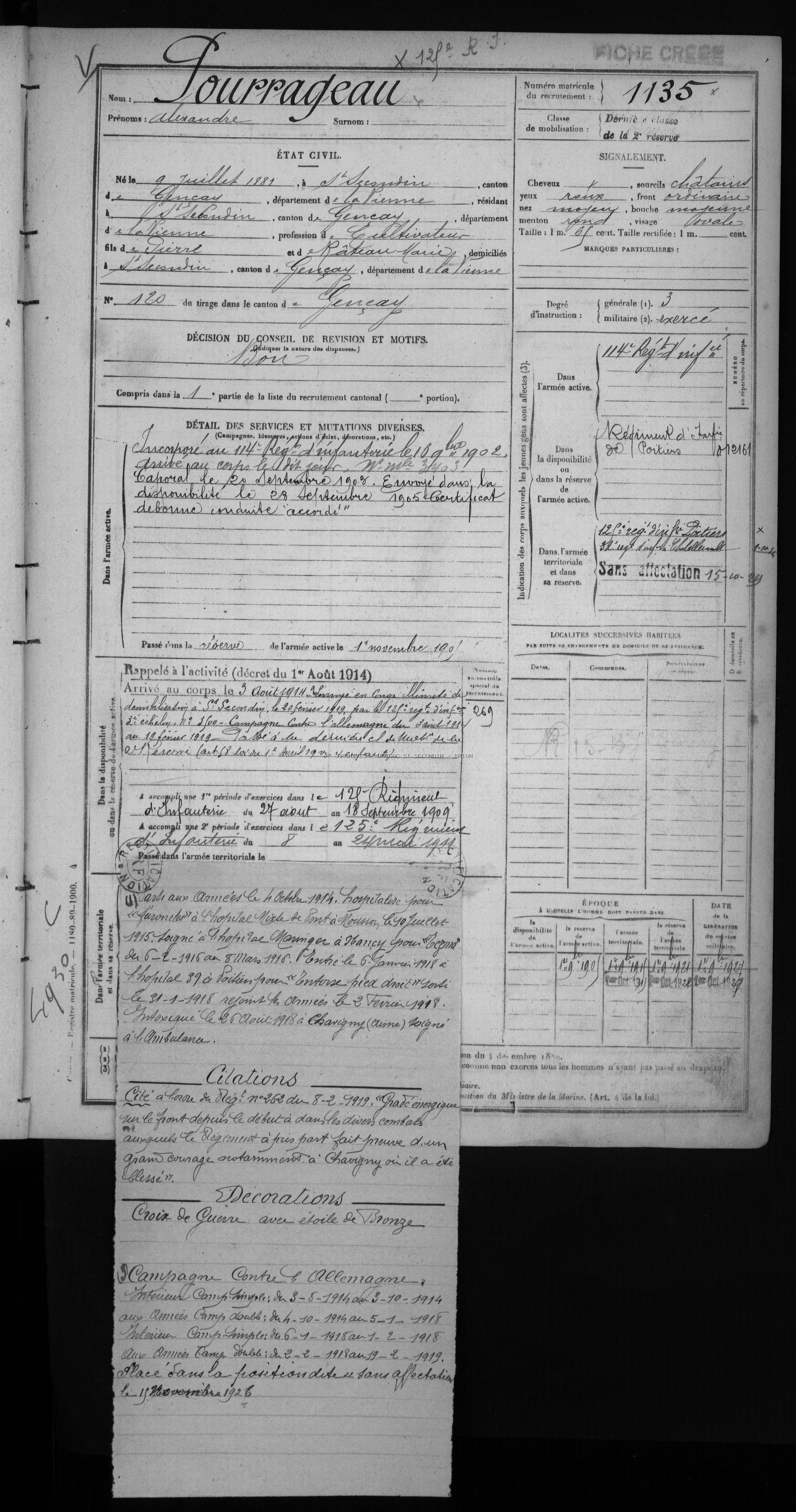 POURRAGEAU Alexandre Registre 14 18 Etat de service 01