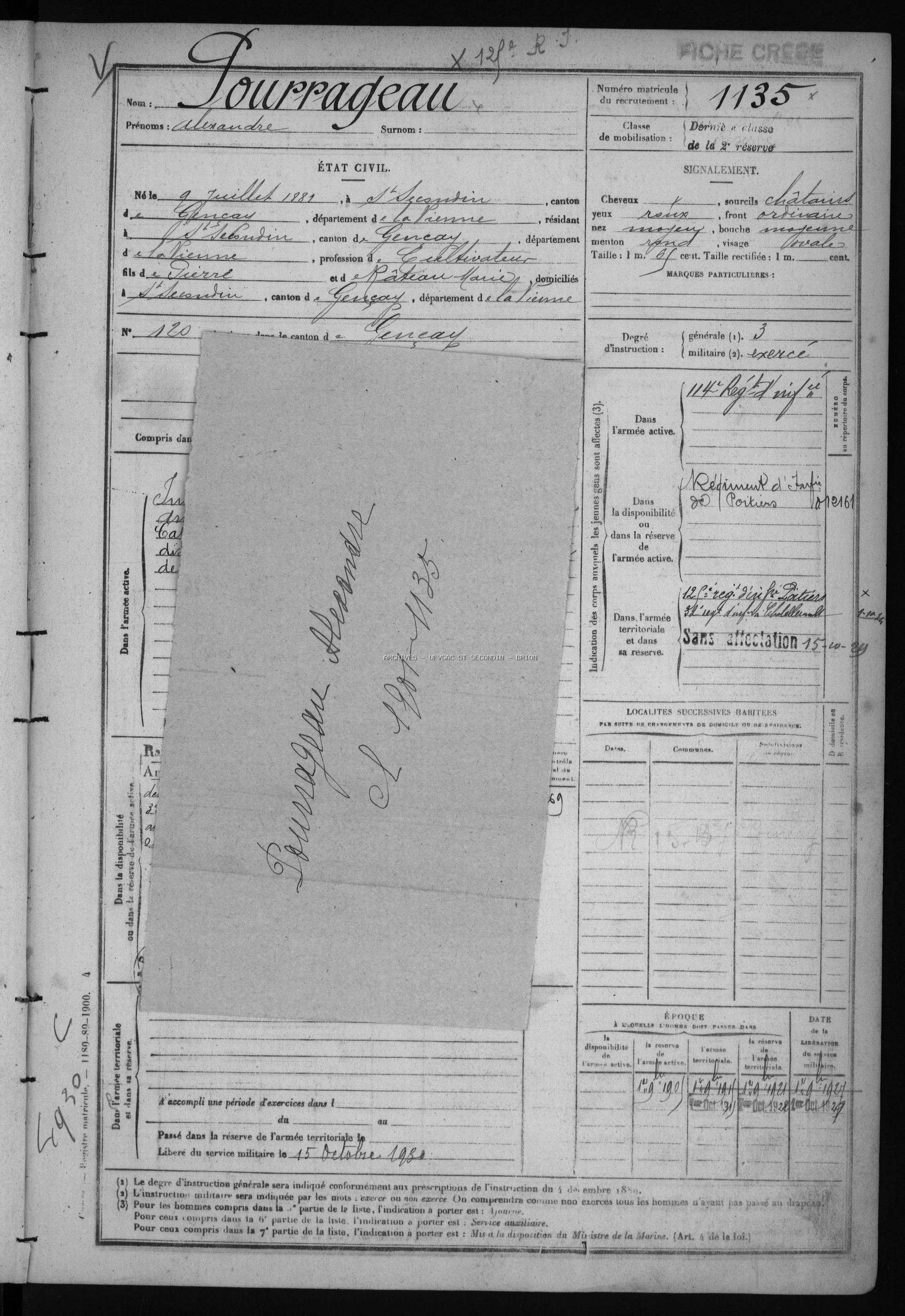 POURRAGEAU Alexandre Registre 14 18 Etat de service 02