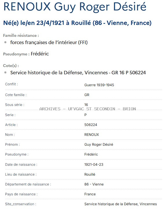 RENOUX GUY ROGER DESIRE Maquis ANATOLE Registre ANATOLE