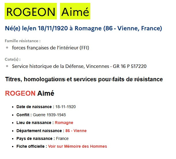 ROGEON AIME Maquis ANATOLE Registre ANATOLE