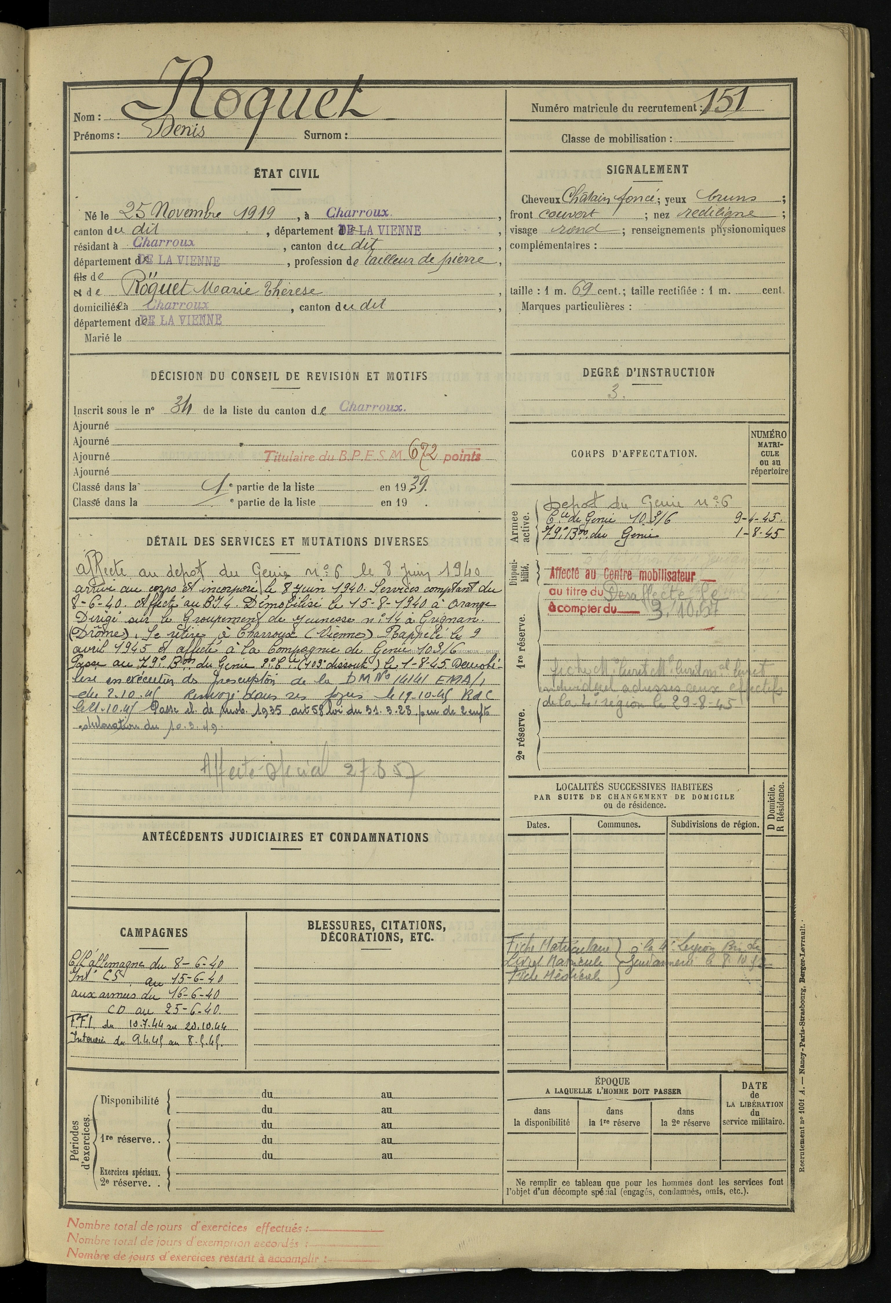 ROQUET Denis Maquis Anatole Etat de Service Registre ANATOLE