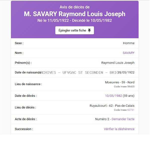 SAVARY Raymond Louis Joseph Maquis ANATOLE Registre ANATOLE