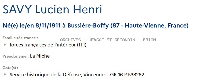 SAVY LUCIEN HENRI Alias LA MICHE Registre Maquis Anatole
