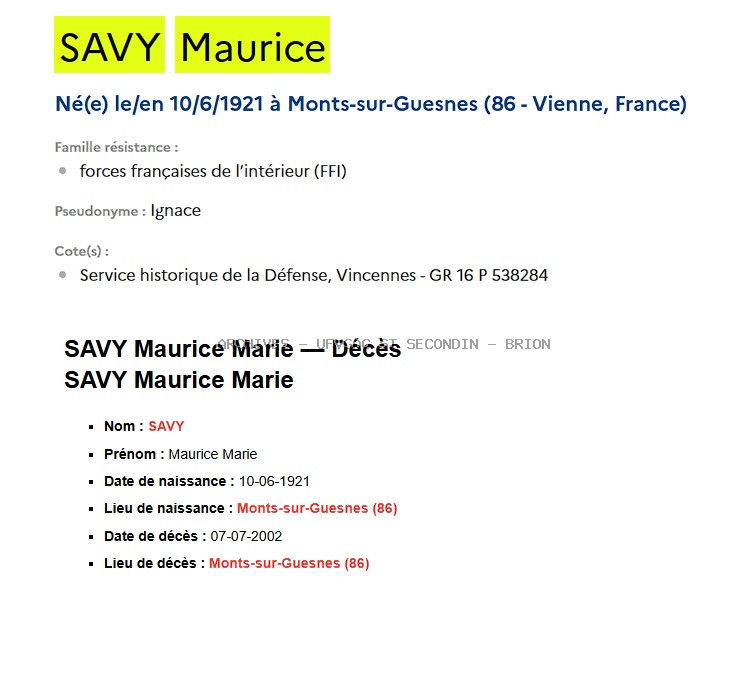 SAVY MAURICE Maquis ANATOLE Registre ANATOLE