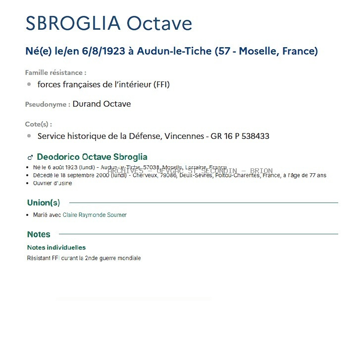 SBROGLIA OCTAVE Maquis ANATOLE Registre ANATOLE