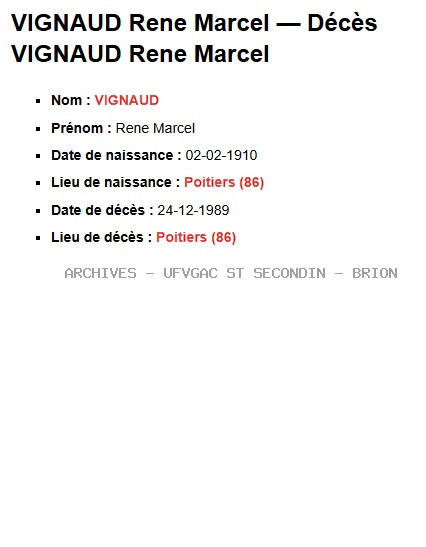 VIGNAUD RENE MARCEL à Poitiers le 24 decembre 1989 Registre ANATOLE