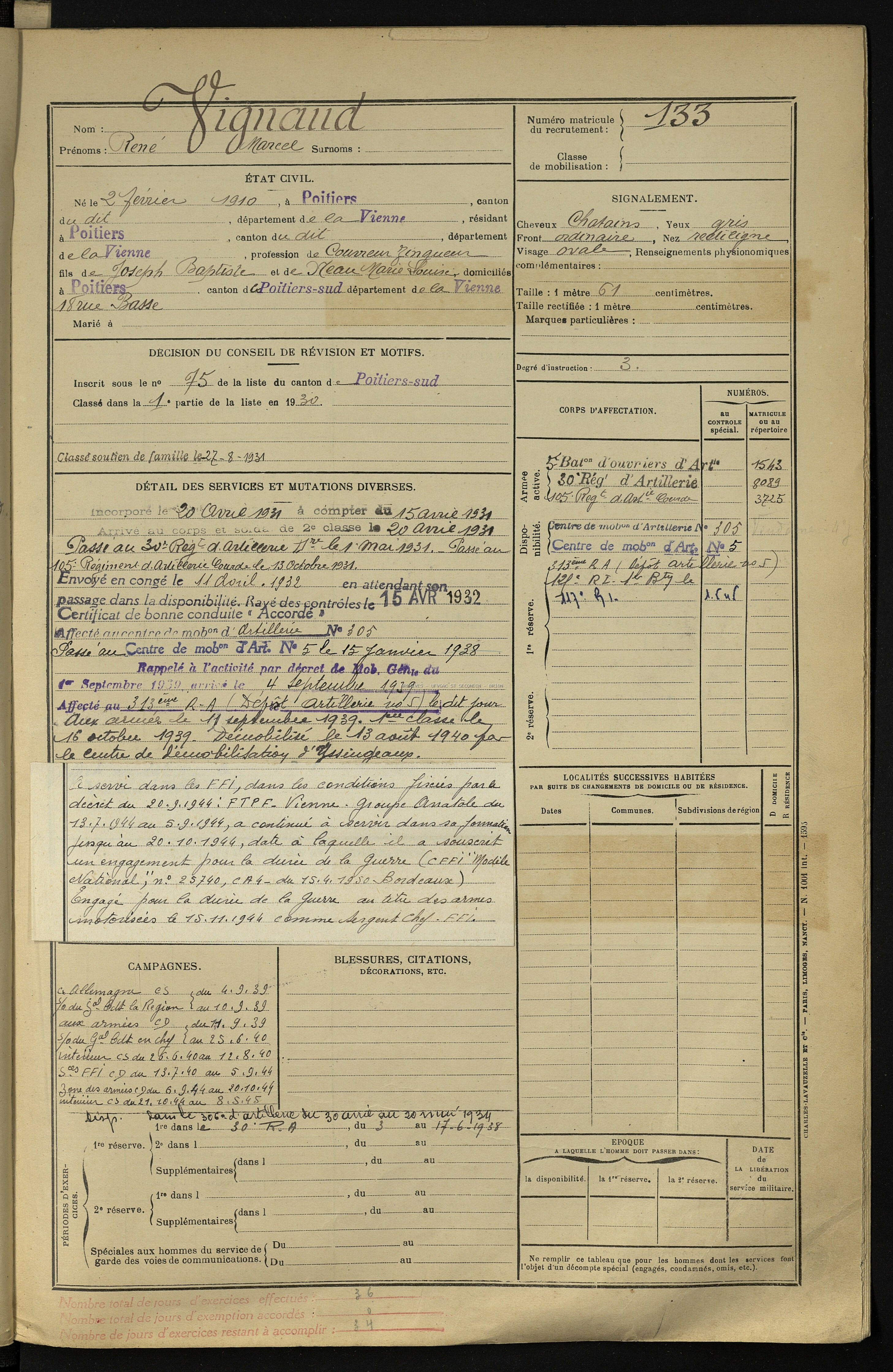 VIGNAUD René Marcel Maquis ANATOLE Etat de service Registre ANATOLE